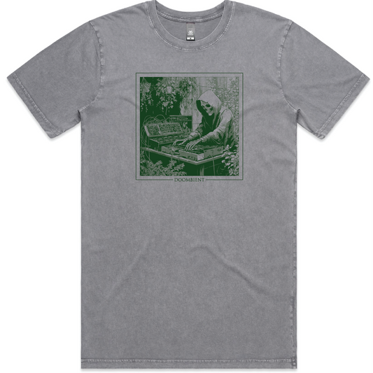 Gray t-shirt with a graphic design on a white background